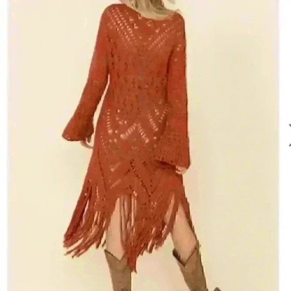 Free People NWT Autumn Constellation Mars Fringe Knit Crochet Sweater Dress XS - Picture 10 of 13